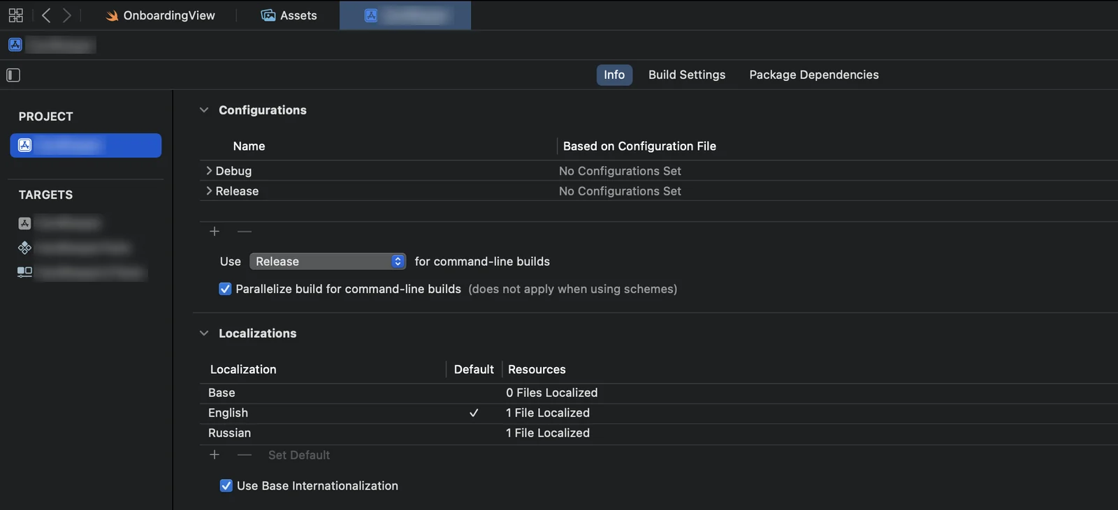 Xcode, вкладка Info проекта: конфигурации Debug и Release, ниже раздел Localizations с английским по умолчанию и русским