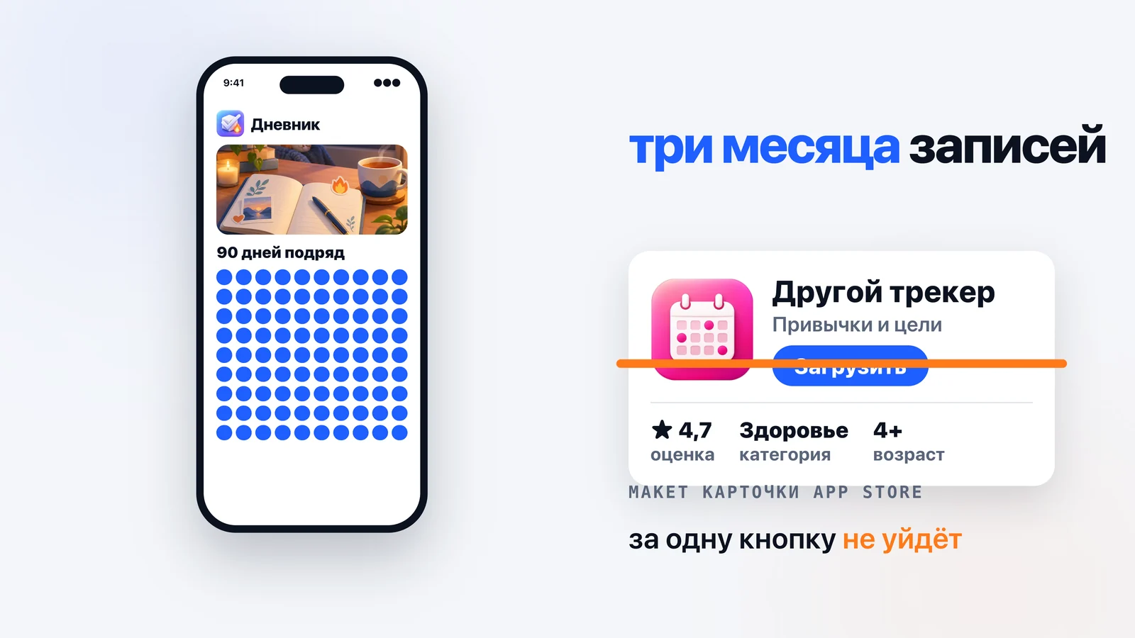 Дневник с отметками за 90 дней подряд, рядом карточка другого трекера в App Store, перечёркнутая: накопленные записи держат сильнее, чем похожая кнопка у конкурента